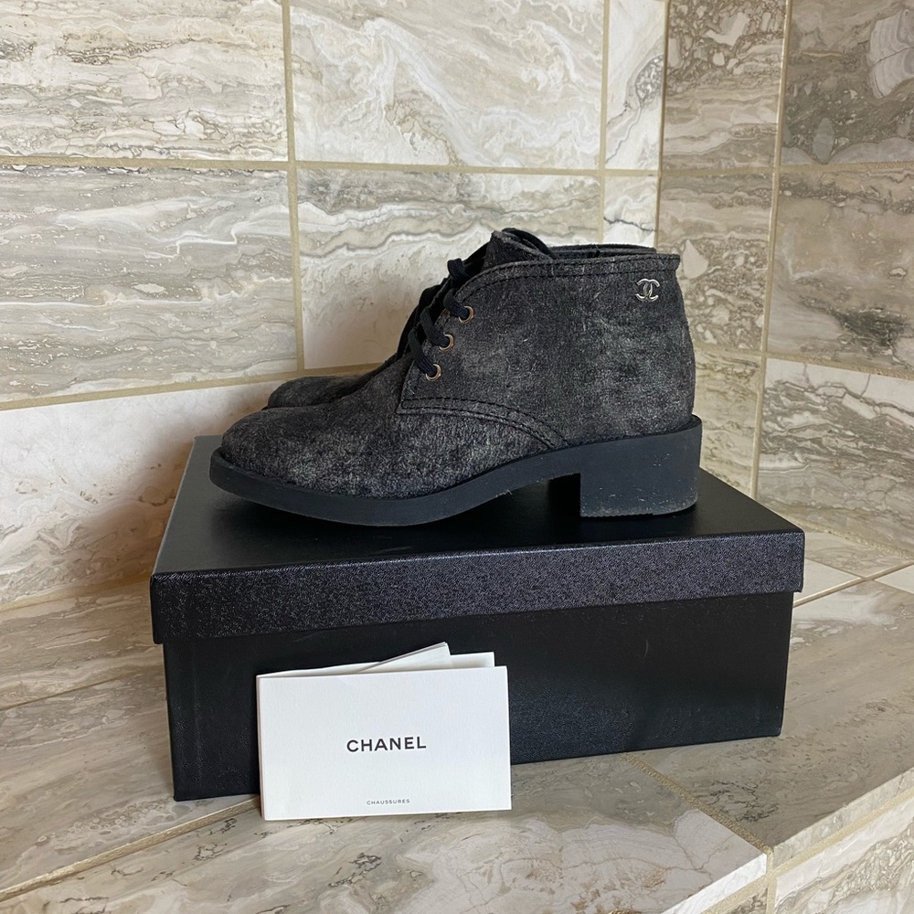 Chanel Suede Calfskin Laceup Boot Dark Grey Size 39